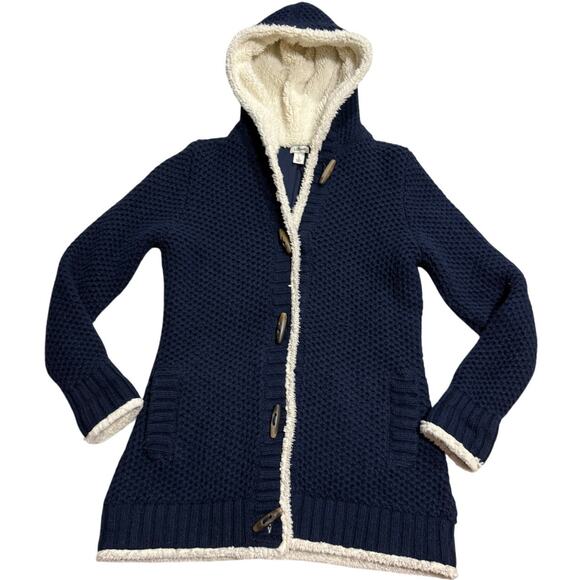 LL Bean Hooded Sweater Sherpa Button Wool Blend 290407 Womens Small Blue White - Picture 1 of 10